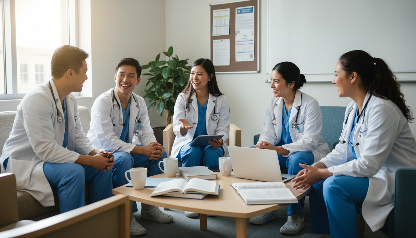Family medicine residents talking informally during a break Family medicine residents talking informally during a break - DO graduate residency for Questions to Ask Programs for DO Grad