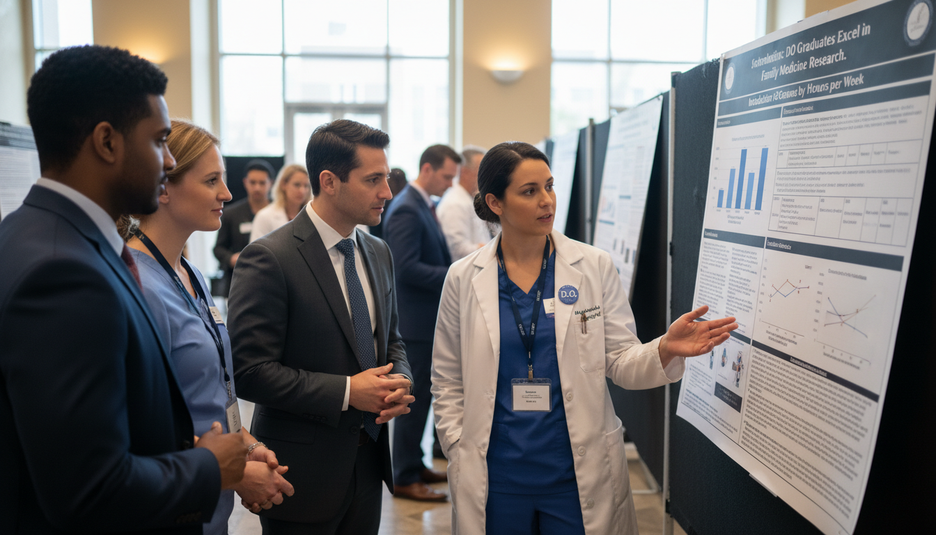Family medicine research team reviewing a poster at a conference - DO graduate residency for Research During Residency for DO
