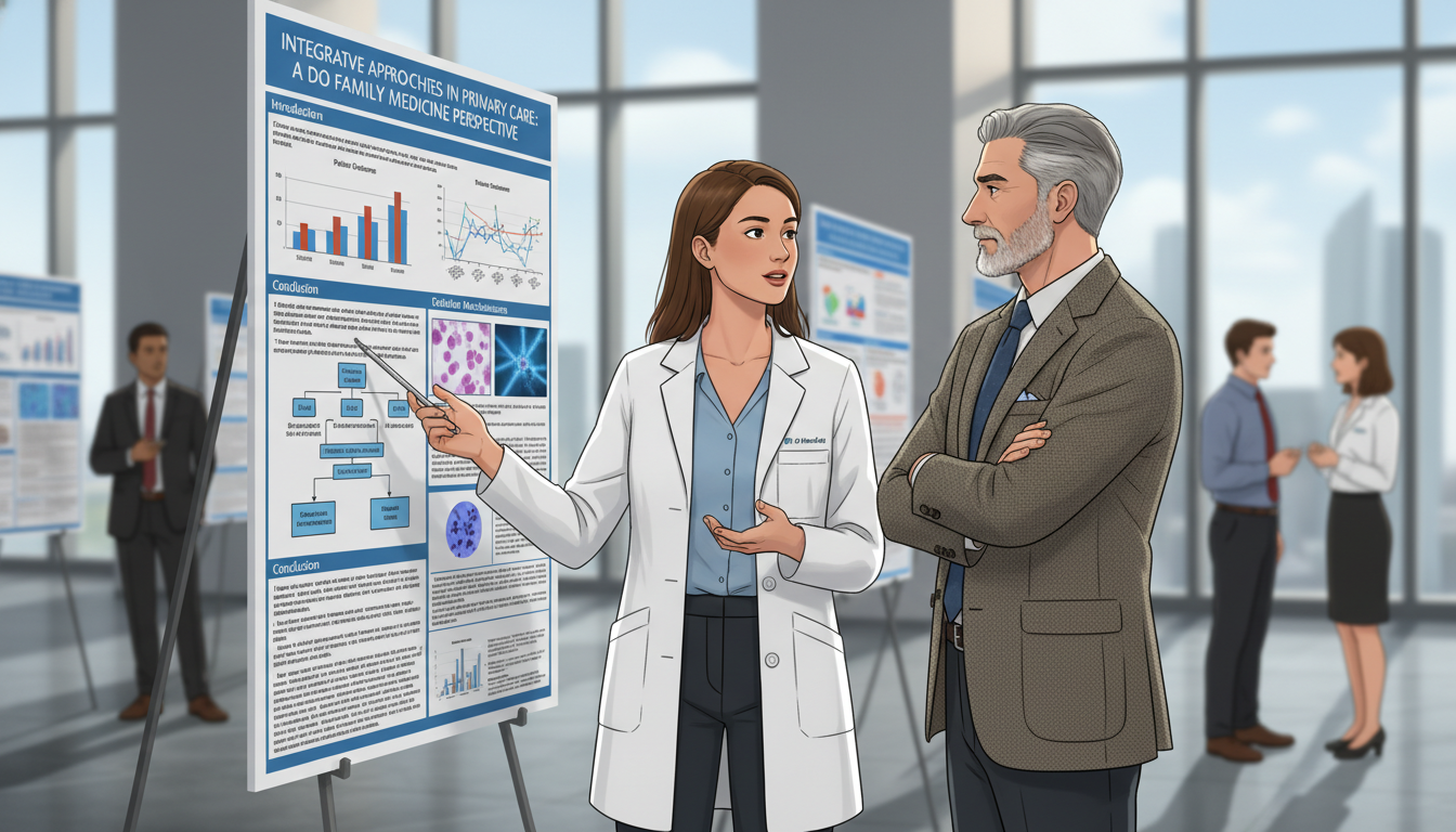 Family medicine resident presenting a research poster at a conference - DO graduate residency for Research Profile Building f
