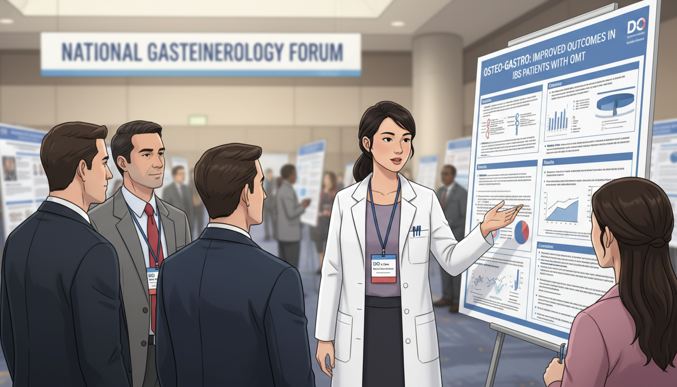 Resident presenting gastroenterology research poster at a medical conference - DO graduate residency for Research During Resi
