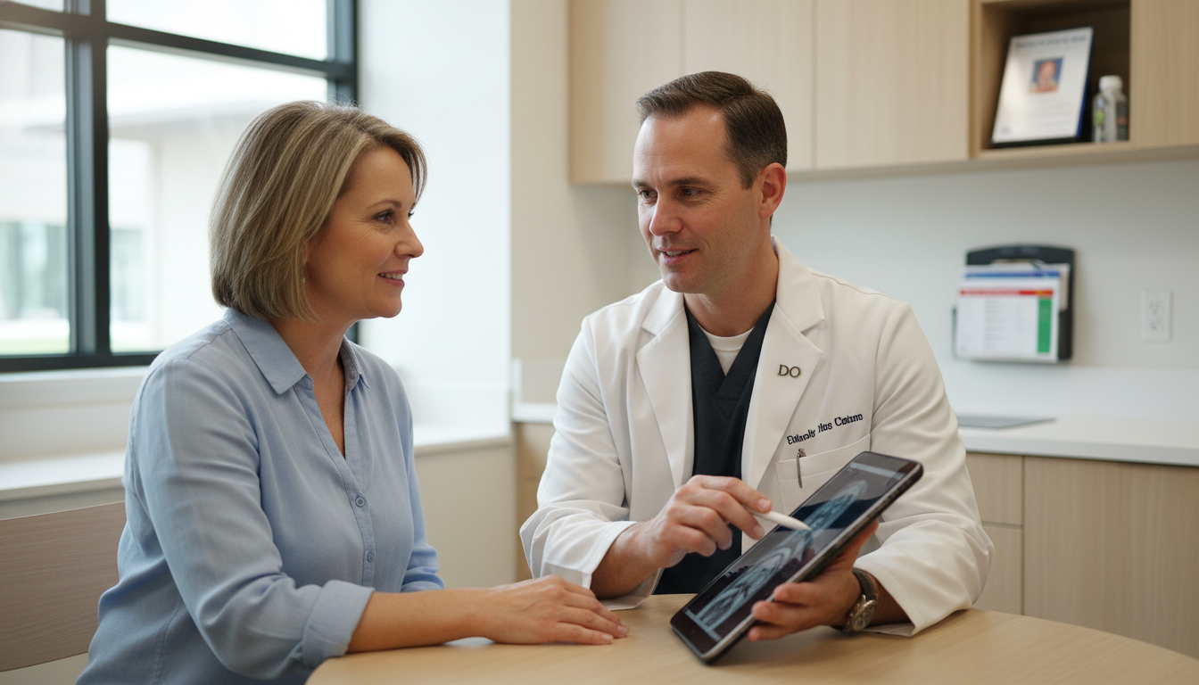 General surgeon in private practice meeting with a patient in clinic General surgeon in private practice meeting with a patient in clinic - DO graduate residency for Academic vs Private Practice