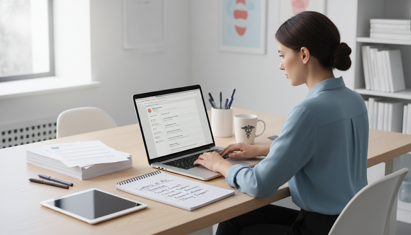 DO graduate preparing residency application documents on a laptop - DO graduate residency for Letters of Recommendation for D