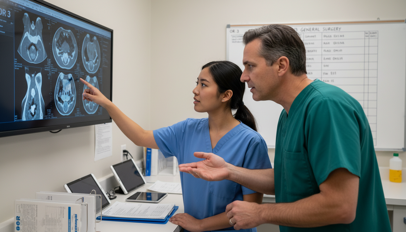 General surgery resident and attending reviewing imaging General surgery resident and attending reviewing imaging - DO graduate residency for Addressing Red Flags for DO Graduate in