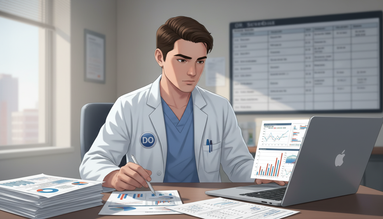 General surgery resident reviewing research data in hospital workspace General surgery resident reviewing research data in hospital workspace - DO graduate residency for Research During Residency