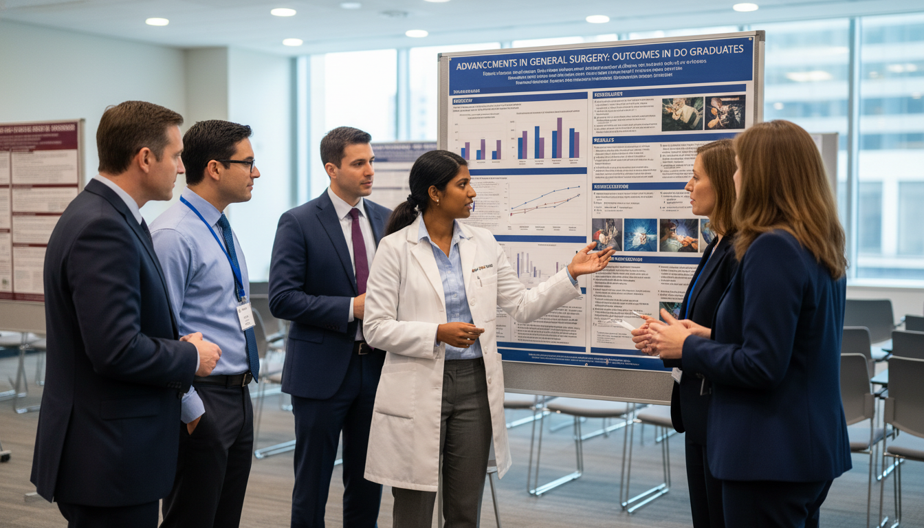General surgery resident presenting research poster - DO graduate residency for Research Profile Building for DO Graduate in