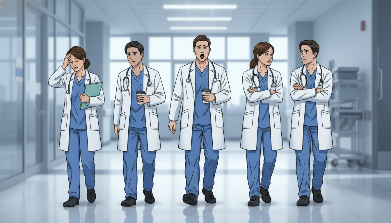 General surgery residents in a hospital corridor showing signs of stress and turnover General surgery residents in a hospital corridor showing signs of stress and turnover - DO graduate residency for Resident Tu