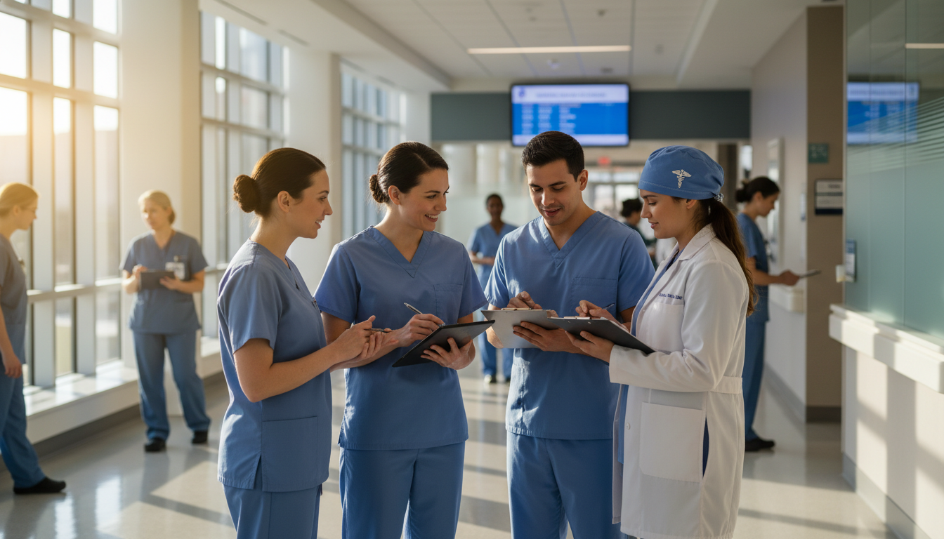 Surgical residents on rounds discussing cases and time management Surgical residents on rounds discussing cases and time management - DO graduate residency for Work-Life Balance Assessment fo