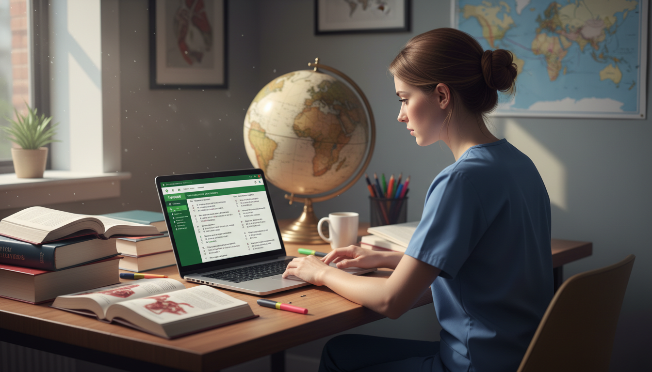 Medical student studying for Step 2 in a global health-themed workspace - DO graduate residency for Low Step Score Strategies