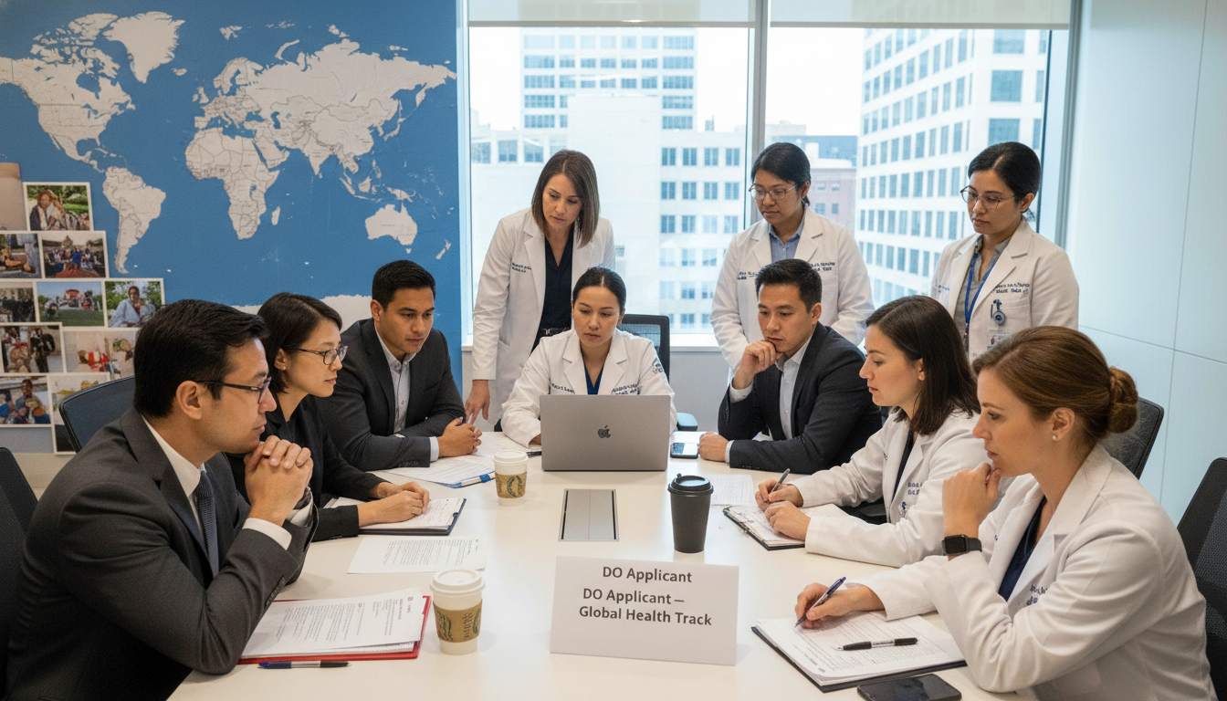 Residency interview panel discussing DO applicant for global health track Residency interview panel discussing DO applicant for global health track - DO graduate residency for Pre-Match Communication