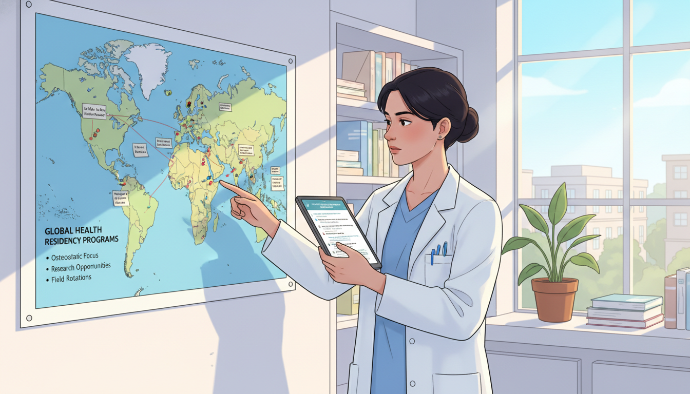Resident exploring global health residency options with world map Resident exploring global health residency options with world map - DO graduate residency for How to Research Programs for DO