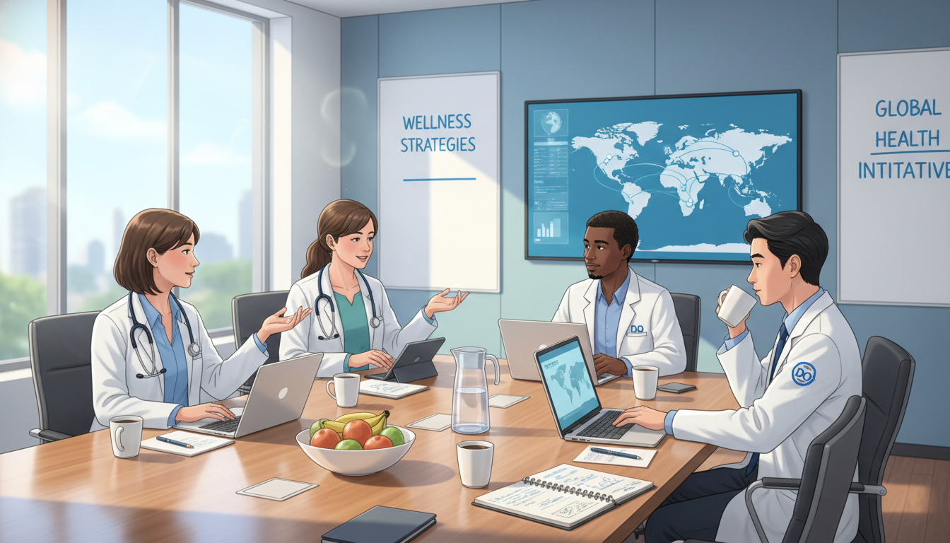 Global health residents discussing wellness and work-life balance Global health residents discussing wellness and work-life balance - DO graduate residency for Work-Life Balance Assessment fo