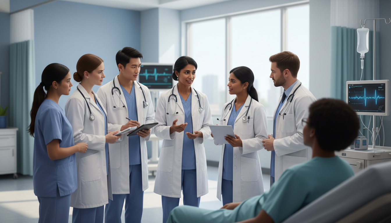Internal medicine physician teaching residents on hospital rounds Internal medicine physician teaching residents on hospital rounds - DO graduate residency for Academic vs Private Practice fo