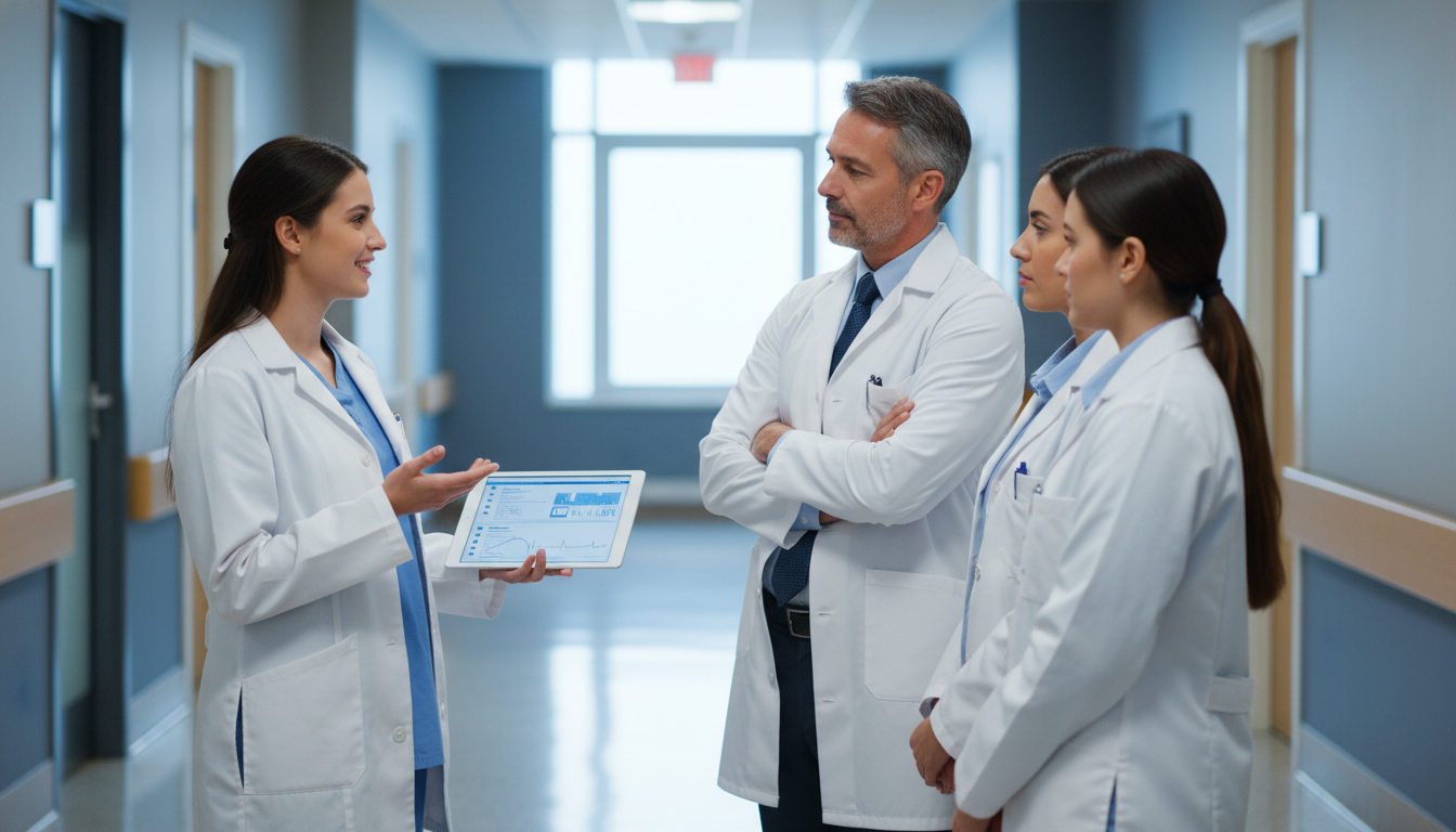 Medical student presenting on rounds during an internal medicine away rotation Medical student presenting on rounds during an internal medicine away rotation - DO graduate residency for Away Rotation Stra