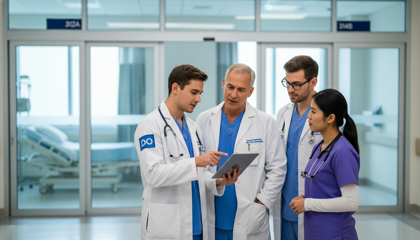 DO resident discussing patient care on internal medicine rounds - DO graduate residency for Common Interview Questions for DO