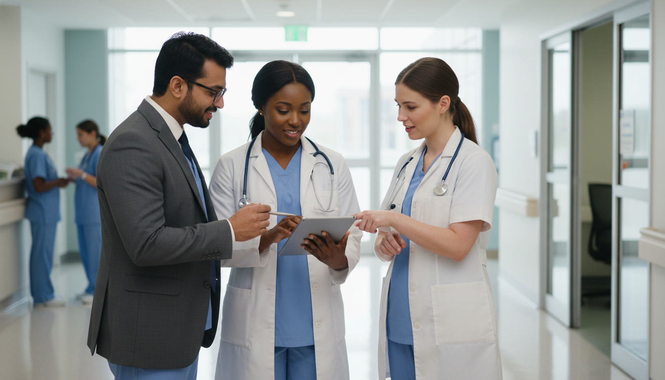 Internal medicine team pre-rounding and collaborating on patient care Internal medicine team pre-rounding and collaborating on patient care - DO graduate residency for Letters of Recommendation f