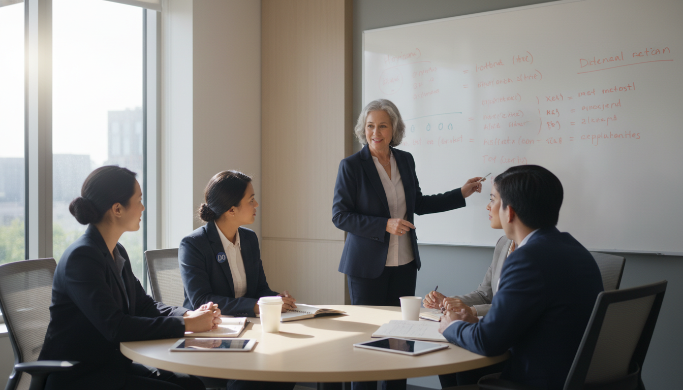 Internal medicine residents networking in hospital conference room Internal medicine residents networking in hospital conference room - DO graduate residency for Networking in Medicine for DO