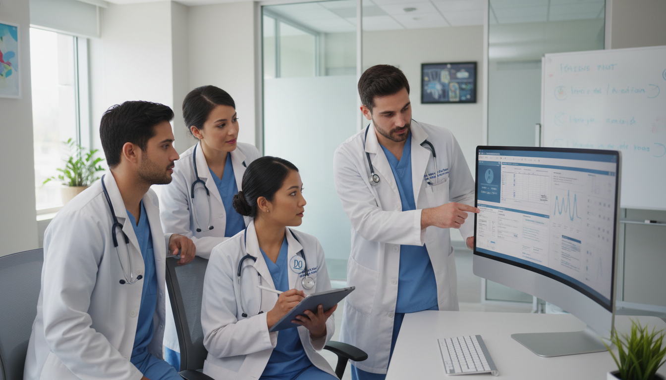 Internal medicine resident team collaborating on patient care Internal medicine resident team collaborating on patient care - DO graduate residency for Addressing Red Flags for DO Graduat