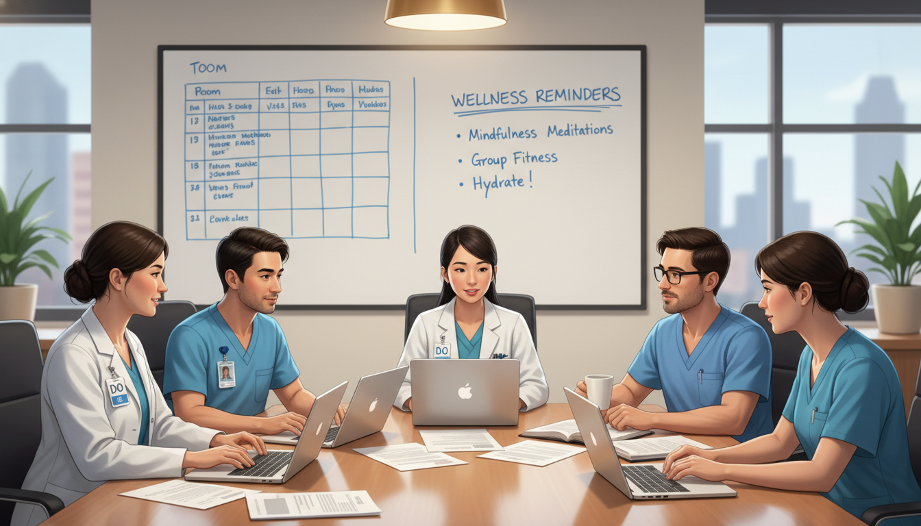 Internal medicine residents discussing patient cases with focus on teamwork and wellness Internal medicine residents discussing patient cases with focus on teamwork and wellness - DO graduate residency for Work-Lif