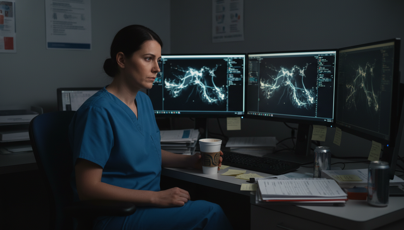 Interventional radiology resident working late in hospital, showing workload stress Interventional radiology resident working late in hospital, showing workload stress - DO graduate residency for Identifying M
