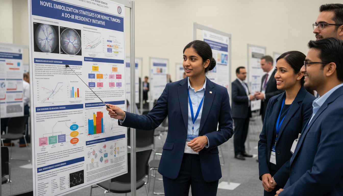 Osteopathic interventional radiology resident presenting research poster at a conference Osteopathic interventional radiology resident presenting research poster at a conference - DO graduate residency for Research