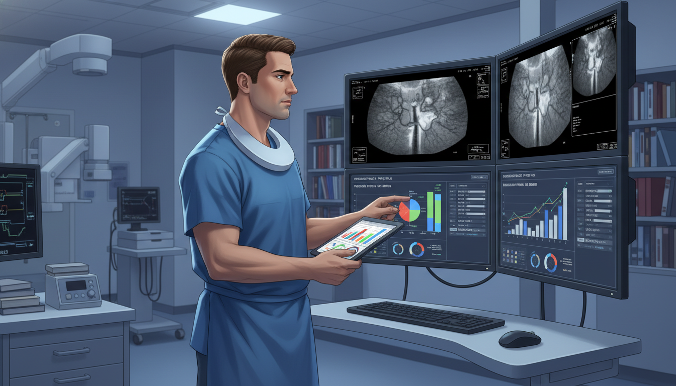 Interventional radiology resident reviewing imaging and research data - DO graduate residency for Research Profile Building f