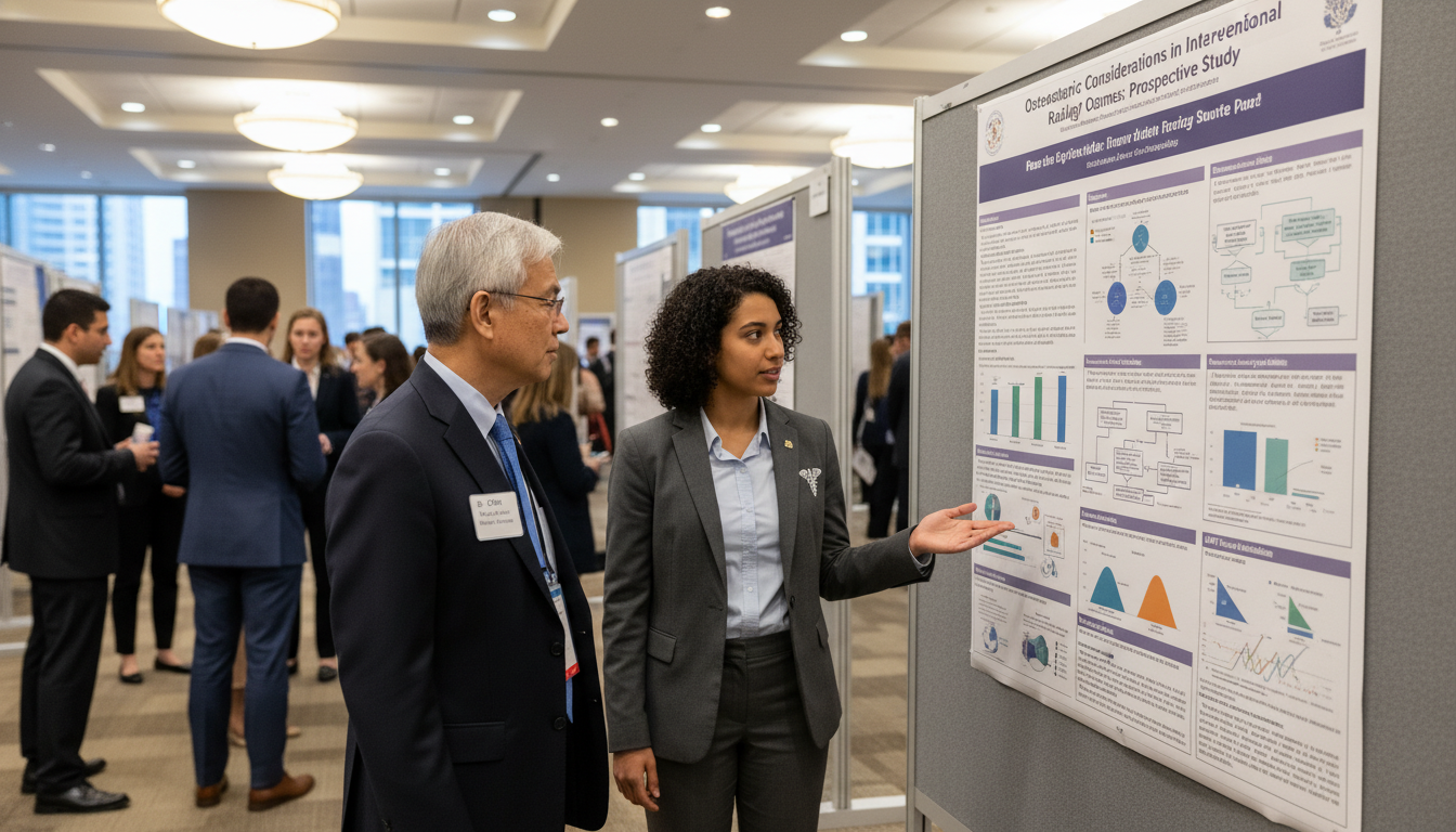 Medical trainee presenting interventional radiology research poster - DO graduate residency for Research Profile Building for