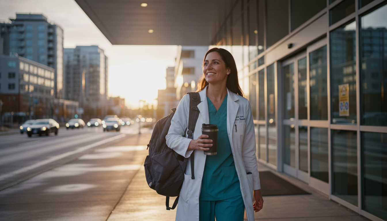 Interventional radiologist leaving hospital at sunset Interventional radiologist leaving hospital at sunset - DO graduate residency for Work-Life Balance Assessment for DO Graduat