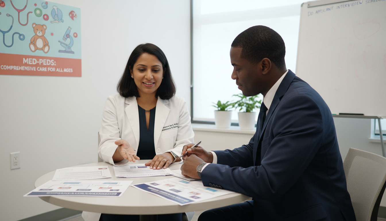 Program director and applicant discussing match expectations in a Med-Peds clinic Program director and applicant discussing match expectations in a Med-Peds clinic - DO graduate residency for Pre-Match Commu