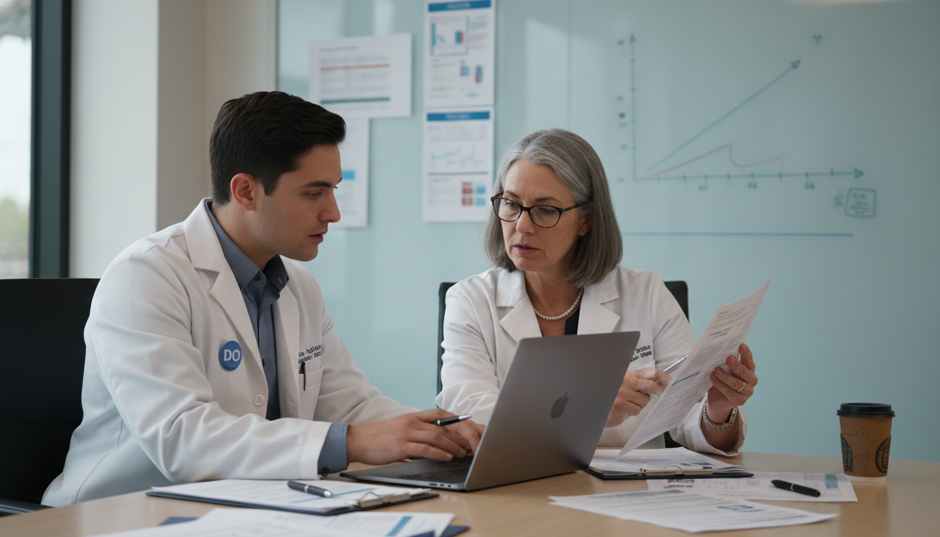 Osteopathic graduate meeting with mentor to discuss Med-Peds research plan - DO graduate residency for Research Profile Build