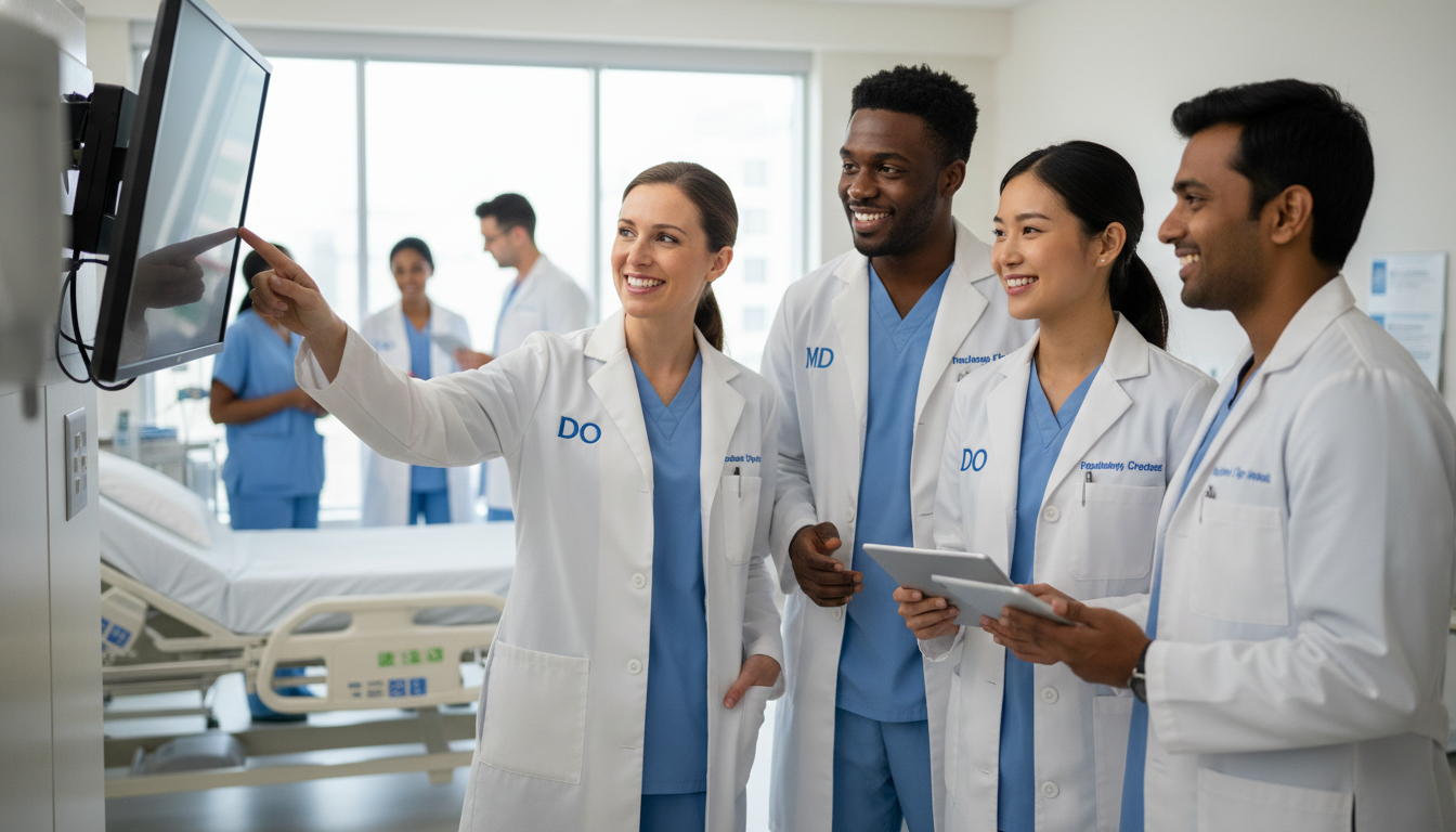 Group of medicine pediatrics residents on a hospital ward appearing collaborative and satisfied Group of medicine pediatrics residents on a hospital ward appearing collaborative and satisfied - DO graduate residency for R