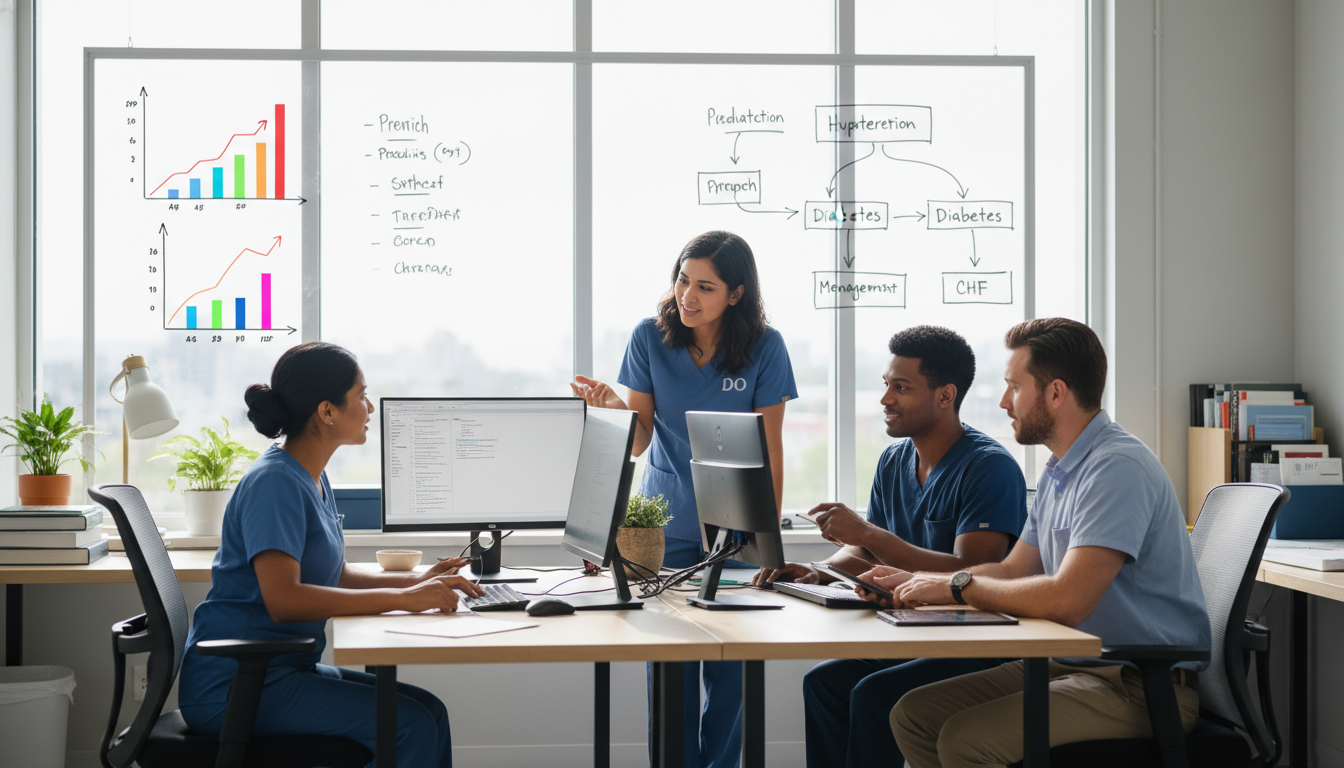 Medicine-Pediatrics Residents in Clinic Discussing Cases Medicine-Pediatrics Residents in Clinic Discussing Cases - DO graduate residency for Work-Life Balance Assessment for DO Grad