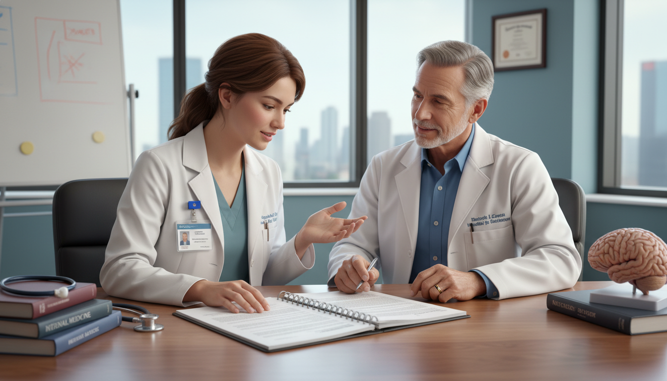 Medicine-Psychiatry resident discussing career goals with program director Medicine-Psychiatry resident discussing career goals with program director - DO graduate residency for Questions to Ask Progr