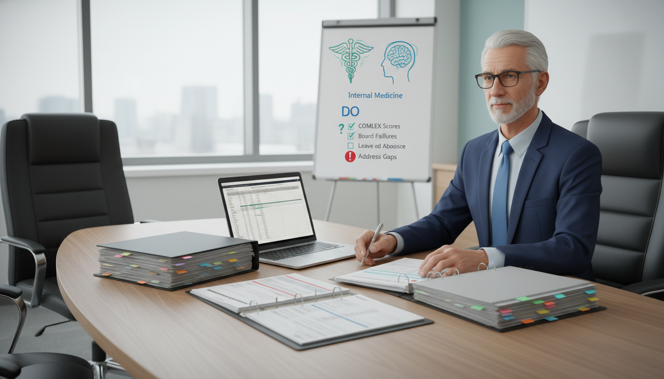 Residency program director reviewing DO applicant files and evaluating red flags Residency program director reviewing DO applicant files and evaluating red flags - DO graduate residency for Addressing Red F