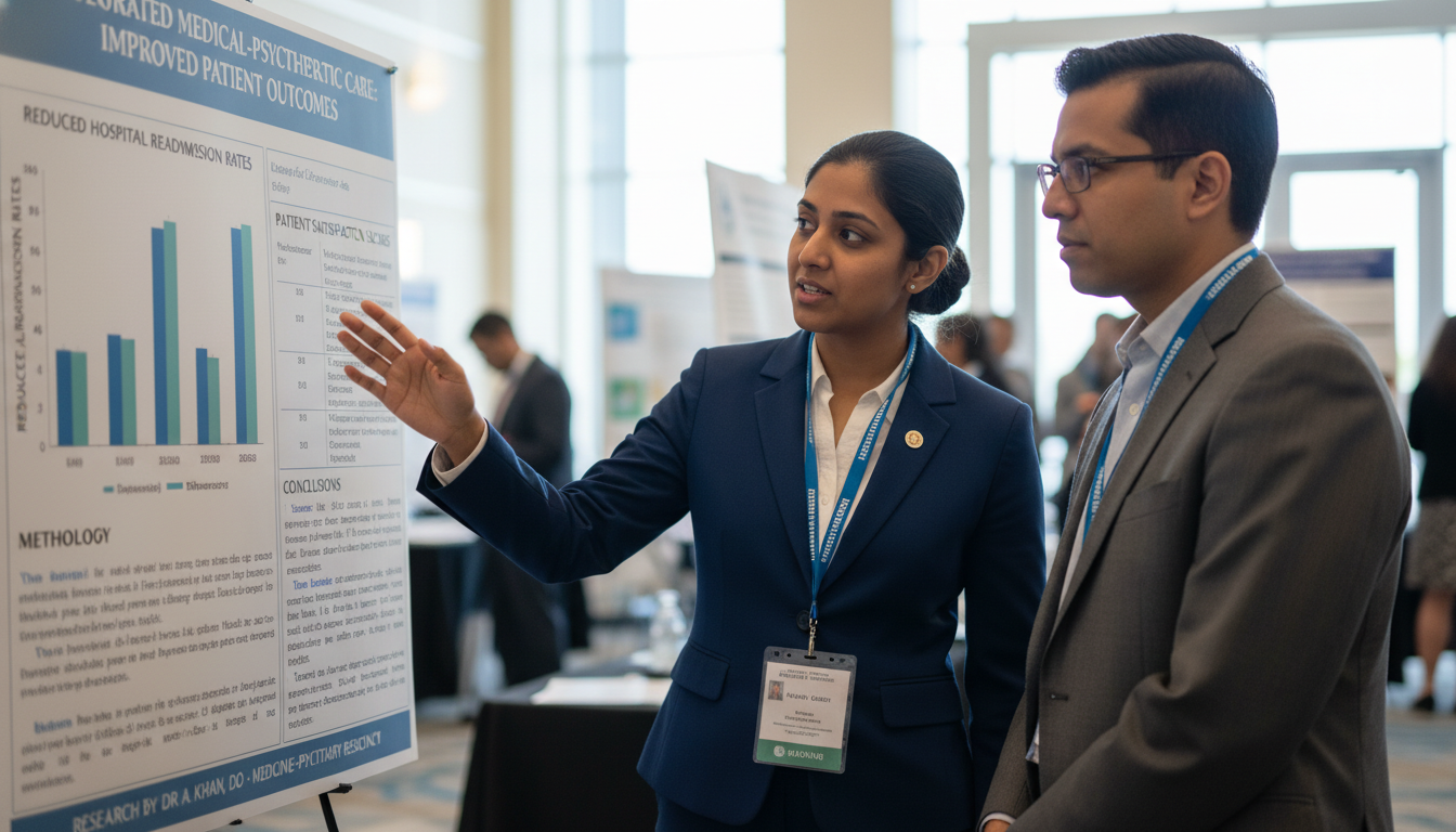 Medicine-psychiatry resident presenting research poster at conference Medicine-psychiatry resident presenting research poster at conference - DO graduate residency for Research During Residency f