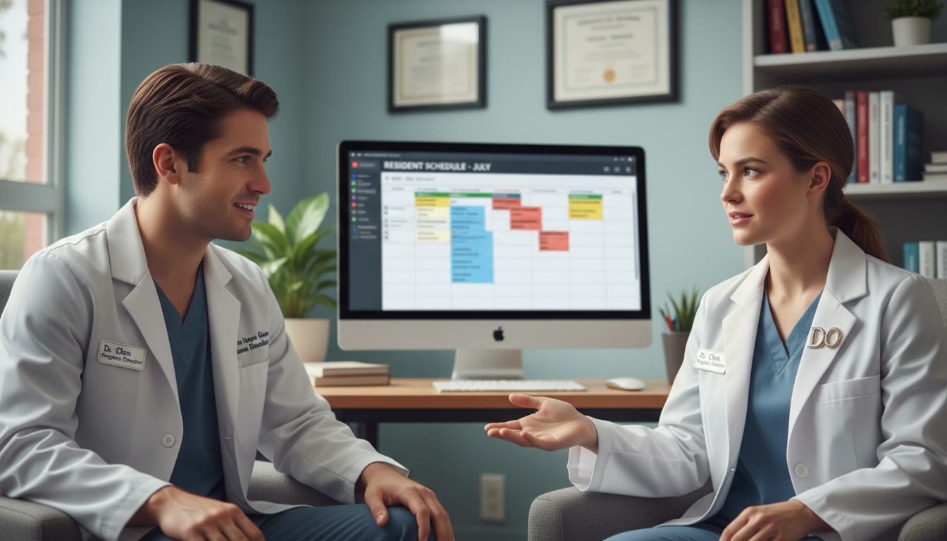 Medicine-Psychiatry resident and program director discussing wellness and training support Medicine-Psychiatry resident and program director discussing wellness and training support - DO graduate residency for Reside