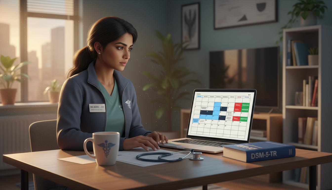 Resident schedule overview showing medicine and psychiatry blocks Resident schedule overview showing medicine and psychiatry blocks - DO graduate residency for Work-Life Balance Assessment fo