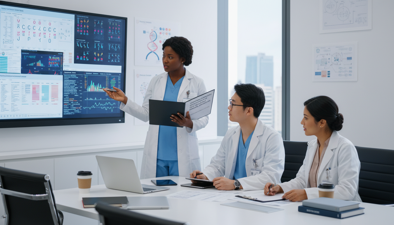 Medical genetics residents reviewing karyotypes and discussing interview preparation - DO graduate residency for Common Inter