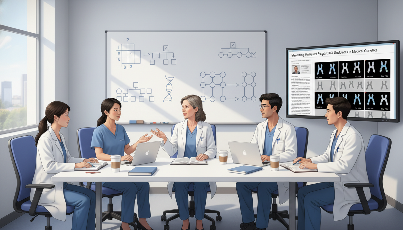 Residents discussing medical genetics cases in conference room - DO graduate residency for Identifying Malignant Programs for