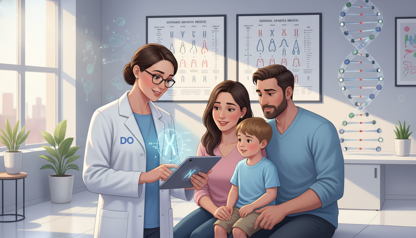 Osteopathic graduate in a genetics clinic discussing holistic care approach Osteopathic graduate in a genetics clinic discussing holistic care approach - DO graduate residency for Pre-Match Communicati