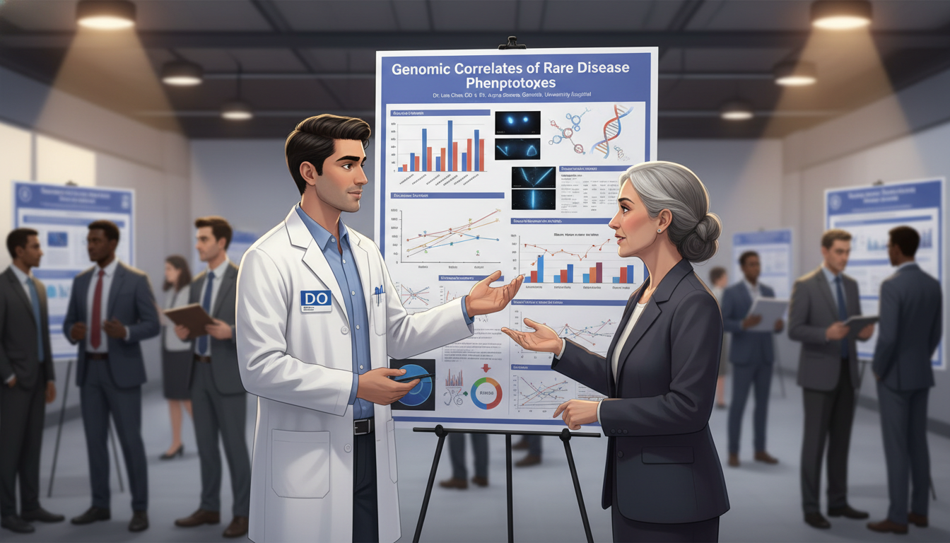 Medical genetics resident discussing research poster with mentor Medical genetics resident discussing research poster with mentor - DO graduate residency for Research During Residency for DO