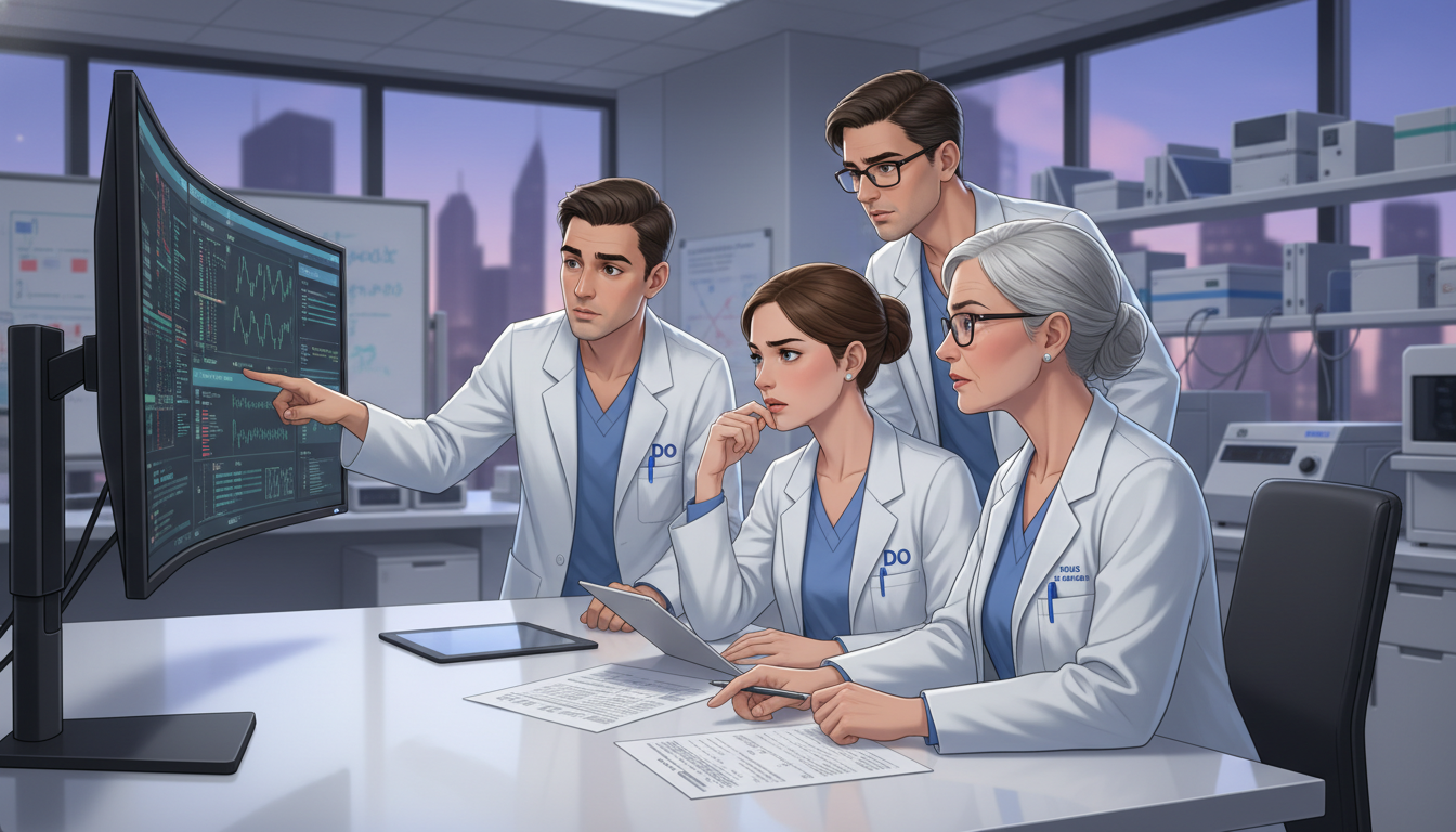 Medical genetics residents and attending in lab environment reviewing cases Medical genetics residents and attending in lab environment reviewing cases - DO graduate residency for Resident Turnover War