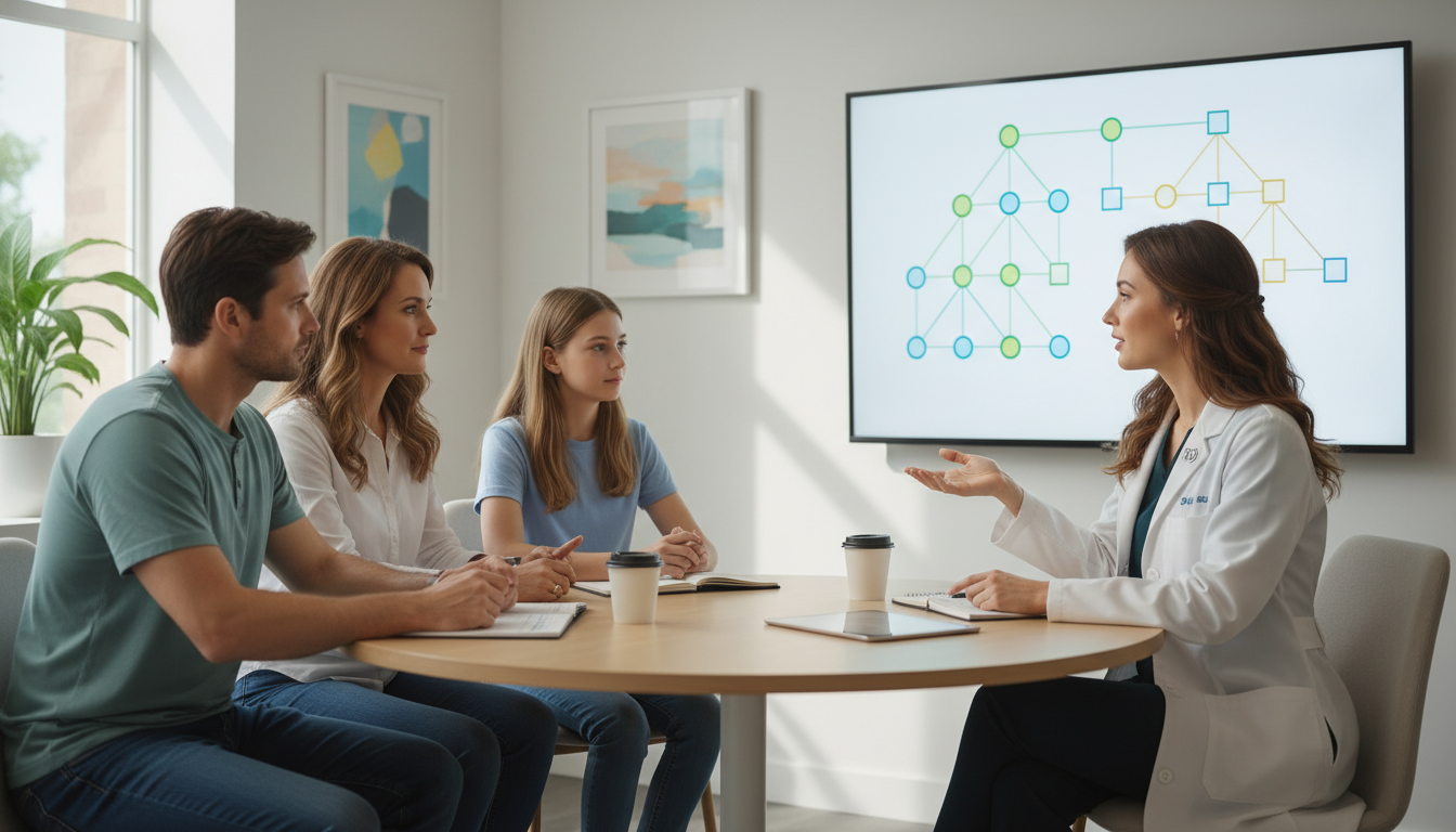 Medical genetics resident counseling family with a three-generation pedigree chart Medical genetics resident counseling family with a three-generation pedigree chart - DO graduate residency for Work-Life Bala