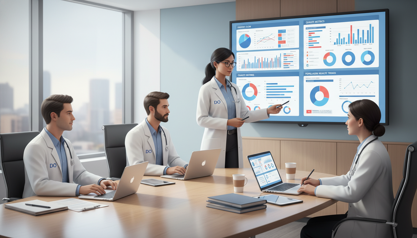 Clinical informatics team discussing quality improvement data Clinical informatics team discussing quality improvement data - DO graduate residency for CV Building for DO Graduate in Clin