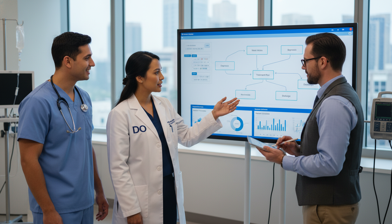 Clinical informatics fellow discussing an EHR workflow diagram with healthcare team - DO graduate residency for Common Interv