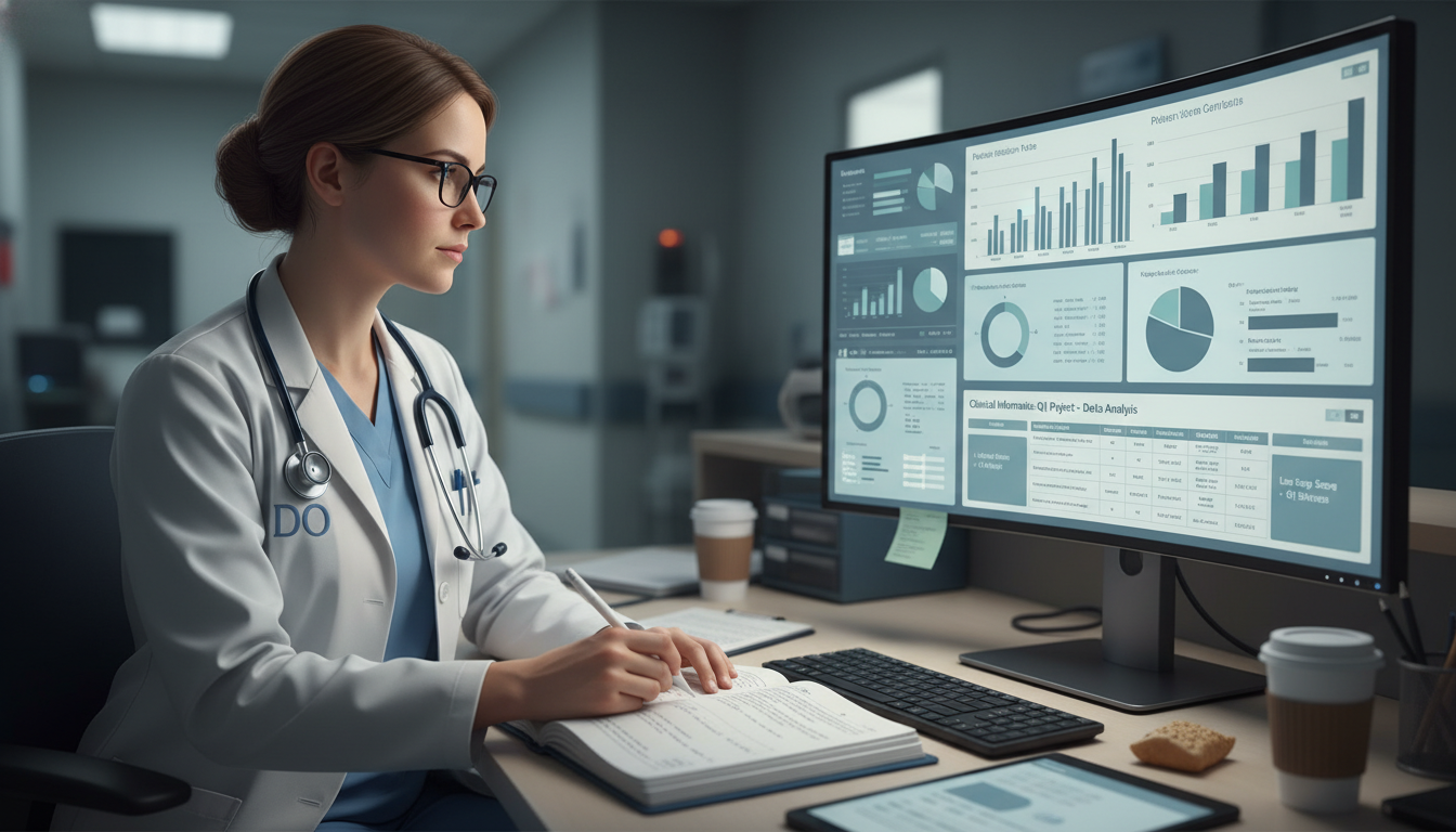 DO resident analyzing healthcare data dashboard for a quality improvement project - DO graduate residency for Low Step Score