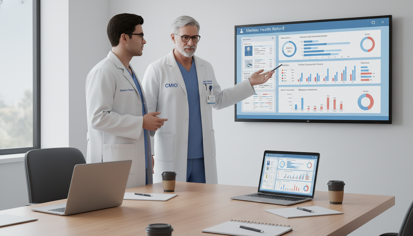 Resident physician discussing EHR optimization with a CMIO mentor Resident physician discussing EHR optimization with a CMIO mentor - DO graduate residency for How to Research Programs for DO