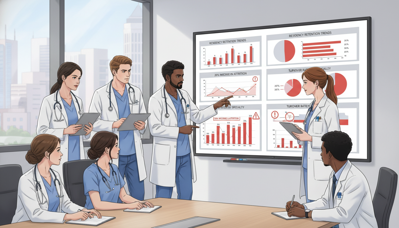 Medical residents reviewing residency program retention data on a whiteboard Medical residents reviewing residency program retention data on a whiteboard - DO graduate residency for Resident Turnover Wa