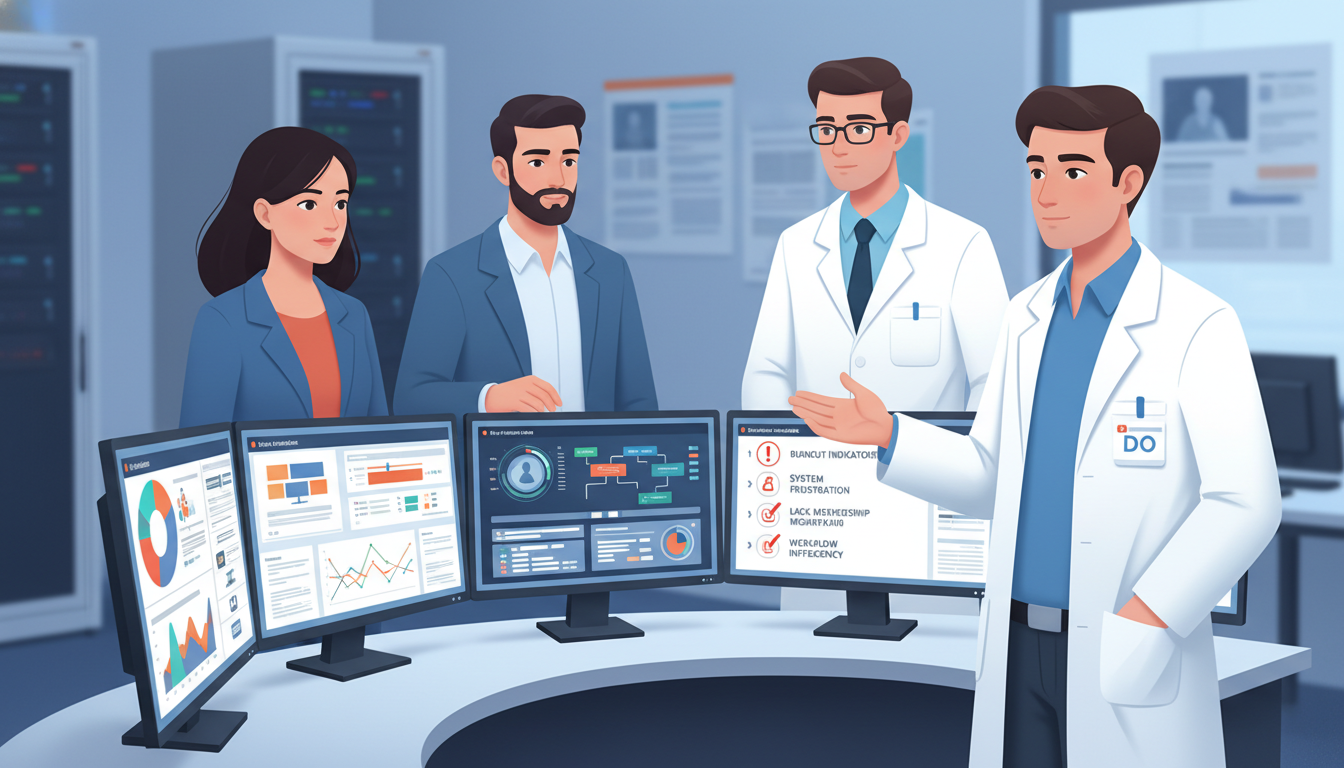 Clinical informatics resident collaborating with IT team at hospital workstation Clinical informatics resident collaborating with IT team at hospital workstation - DO graduate residency for Resident Turnove