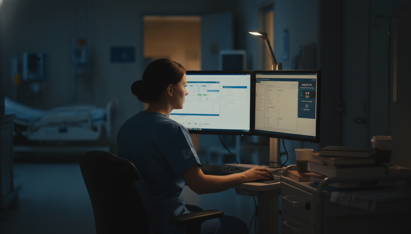 Resident physician on night shift reviewing cases and digital resources for Step 2 CK Resident physician on night shift reviewing cases and digital resources for Step 2 CK - DO graduate residency for USMLE Step