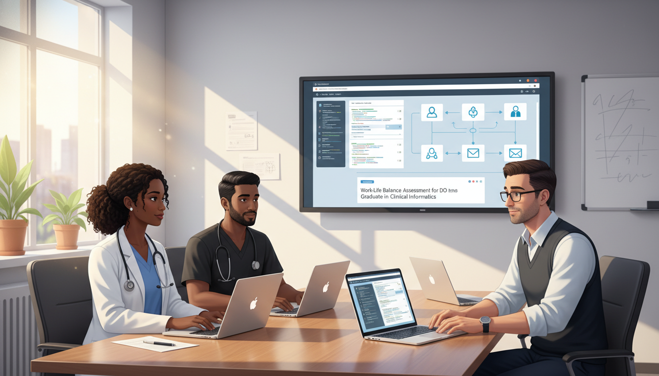 Physician reviewing EHR workflow with IT and nursing team Physician reviewing EHR workflow with IT and nursing team - DO graduate residency for Work-Life Balance Assessment for DO Gra